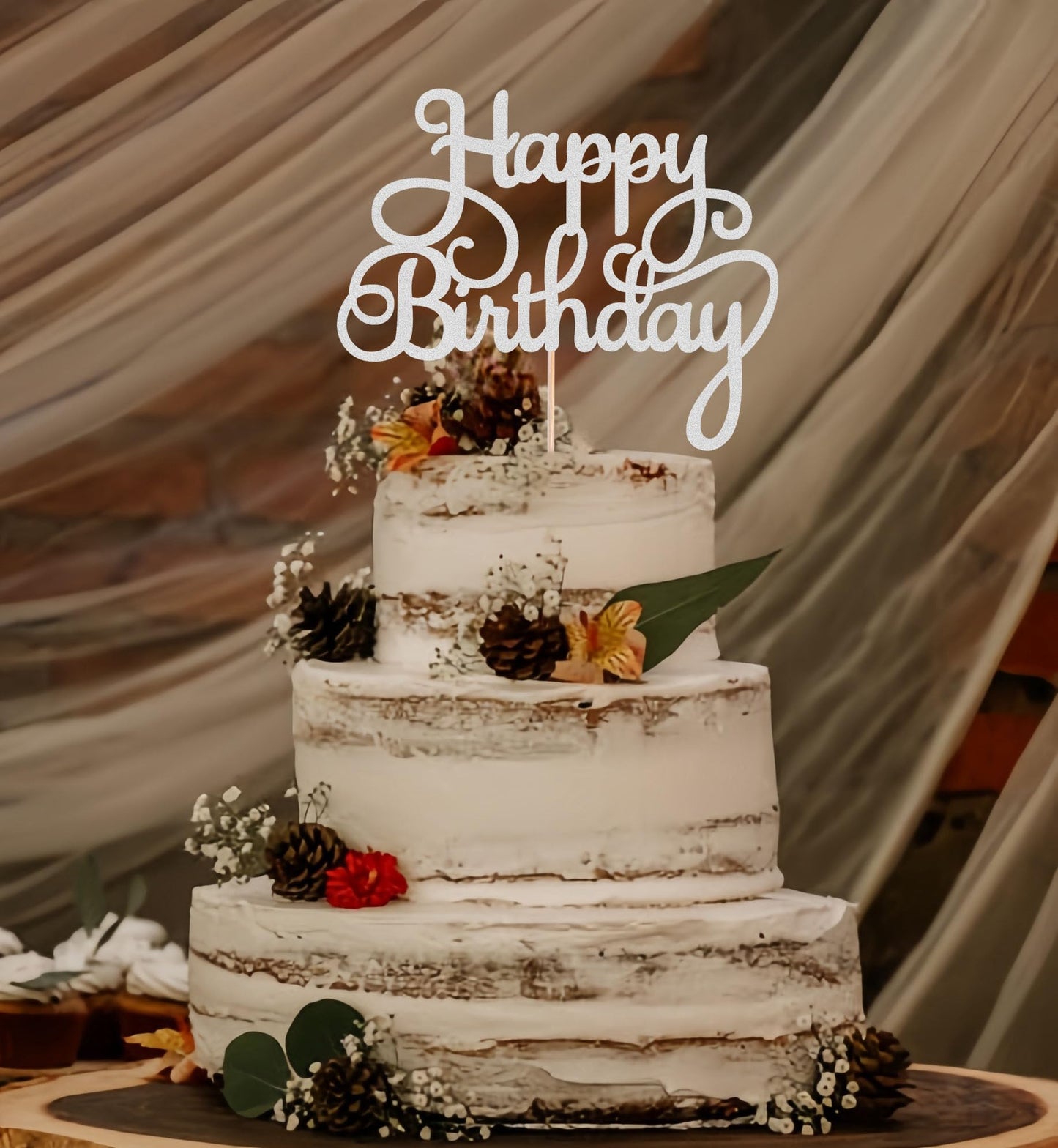 EONNCNT Happy Birthday Cake Topper Silver Glitter Decoration - MOUCCT-HB