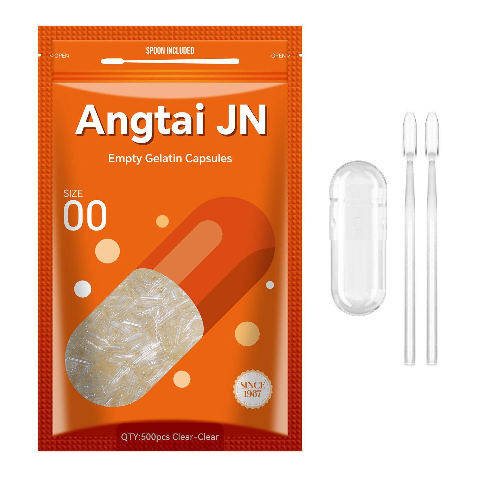 Angtai JN Gelatin Capsules Size 00 - Empty Pill Gel Caps, 500 Count, Gluten Free, Non-GMO, Halal Certified