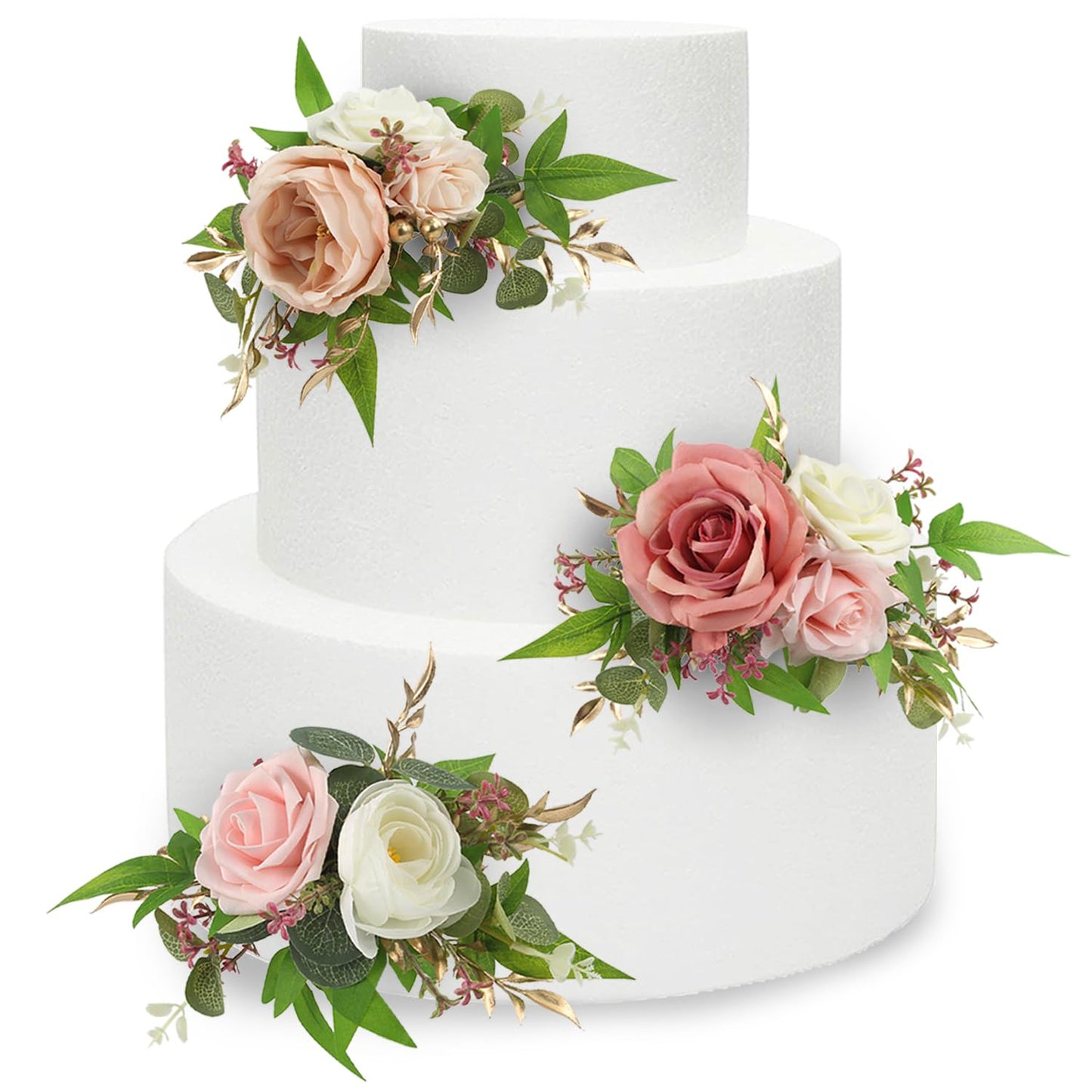 Rinlong 3Pcs Pre-made Pink Cake Topper Flowers Cake Decorations Wedding Cake Decorating Flowers Decor for Baptism Girl Baby Show