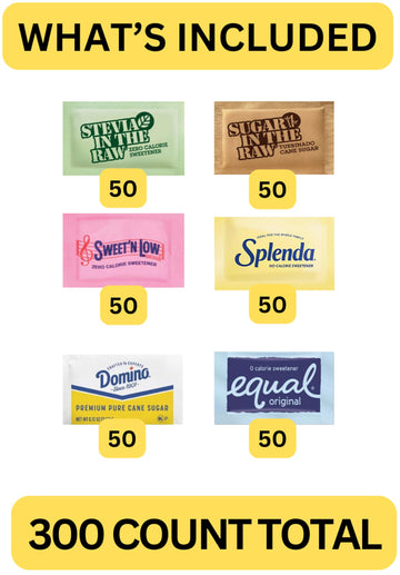 300 Count | Sugar and Sweetener Packets | Sugar Substitute | Pure Cane Sugar | Turbinado Sugar In The Raw | Brown and White Bulk