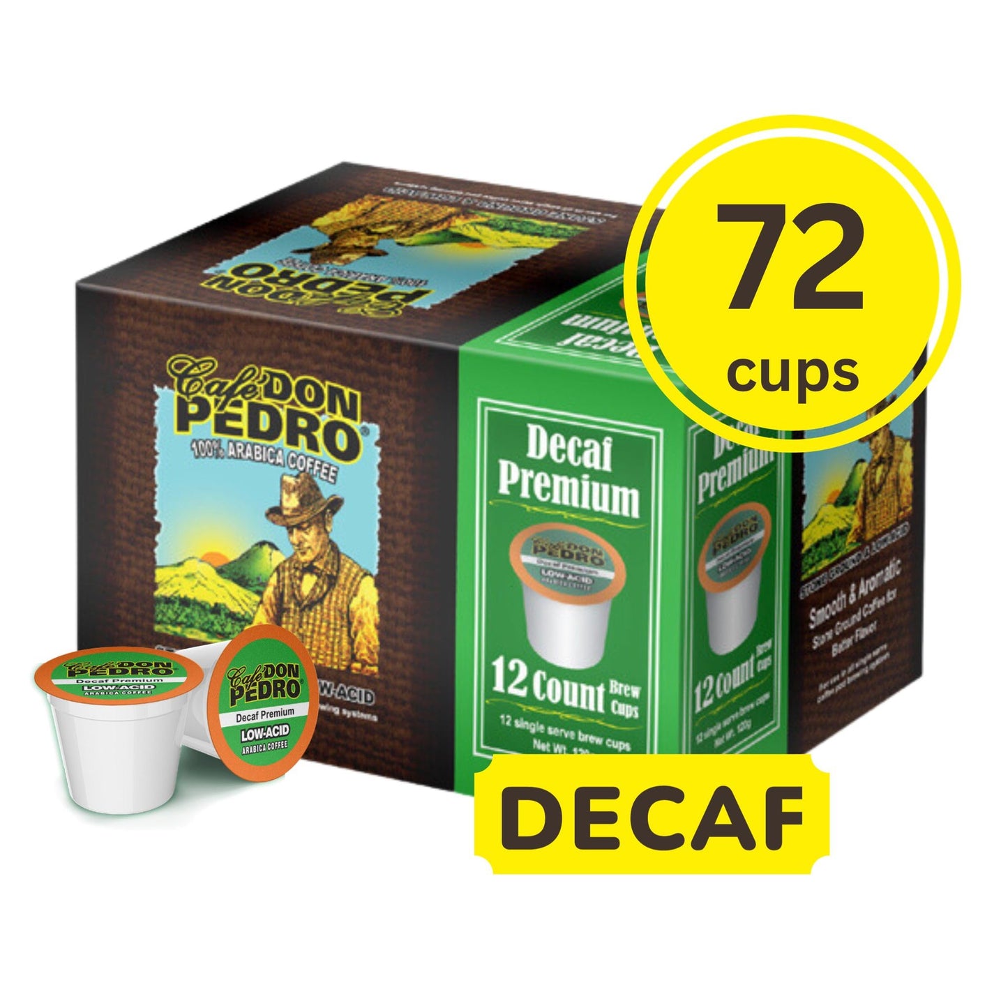 Cafe Don Pedro Decaf Coffee Pods - Low Acid 100% Arabica, 72 K-Cups, 1 Count