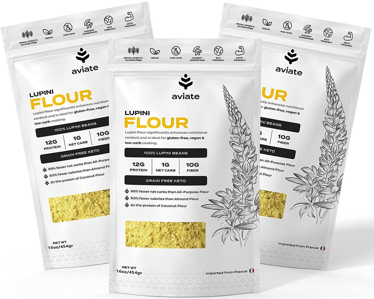 Aviate Lupini Flour - Keto, Vegan, Non-GMO, Gluten Free, High Protein - 3 Pack (16 Ounces)