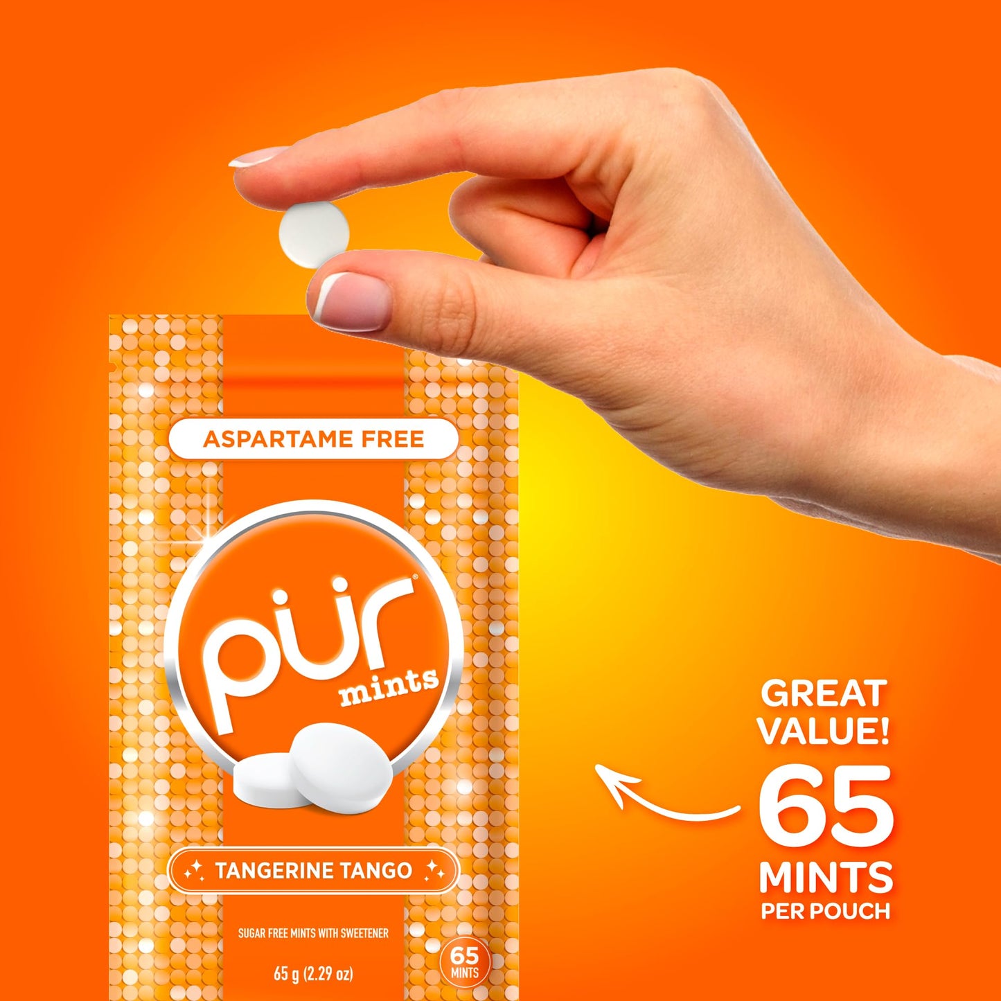 PUR Mints | Aspartame Free Breath Mints | Made with Xylitol | Sugar Free  Vegan  Gluten Free | Natural Tangerine Tango Flavor | 65 Pieces in Re-Sealable pouch (Pack of 1)