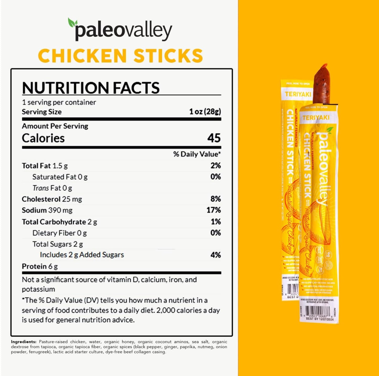 Paleovalley Pasture-Raised Chicken Sticks - 10 Pack - 7g Protein per Stick - Keto-Friendly  Paleo  Gluten-Free  Nitrate-Free - On-the-Go Snack (10 Pack  Teriyaki)