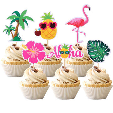 36 Pcs Tropical Aloha Luau Cupcake Toppers Palm Tree Flower Turtle Leaves Flamingo Pineapple Cupcake Picks Summer Hawaiian Tropi
