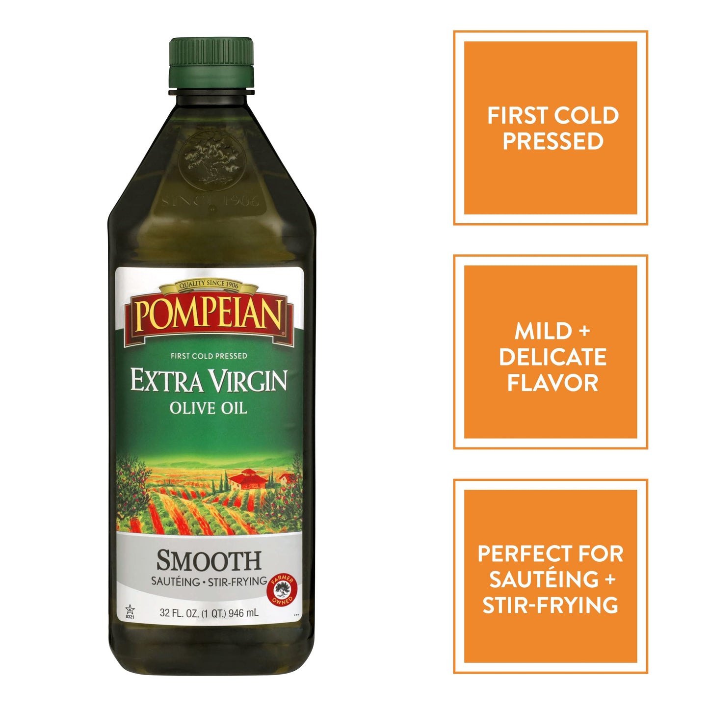 Pompeian Smooth Extra Virgin Olive Oil, First Cold Pressed, Mild and Delicate Flavor, Perfect for Sauteing & Stir-Frying, Natura