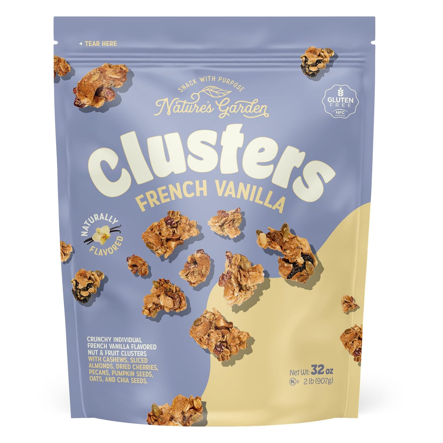Natures Garden French Vanilla Clusters, 32oz Pouch - Chunky Nut, Seed & Cherry Snack Bites - Gluten-Free, Kosher, Nutrient-Dense