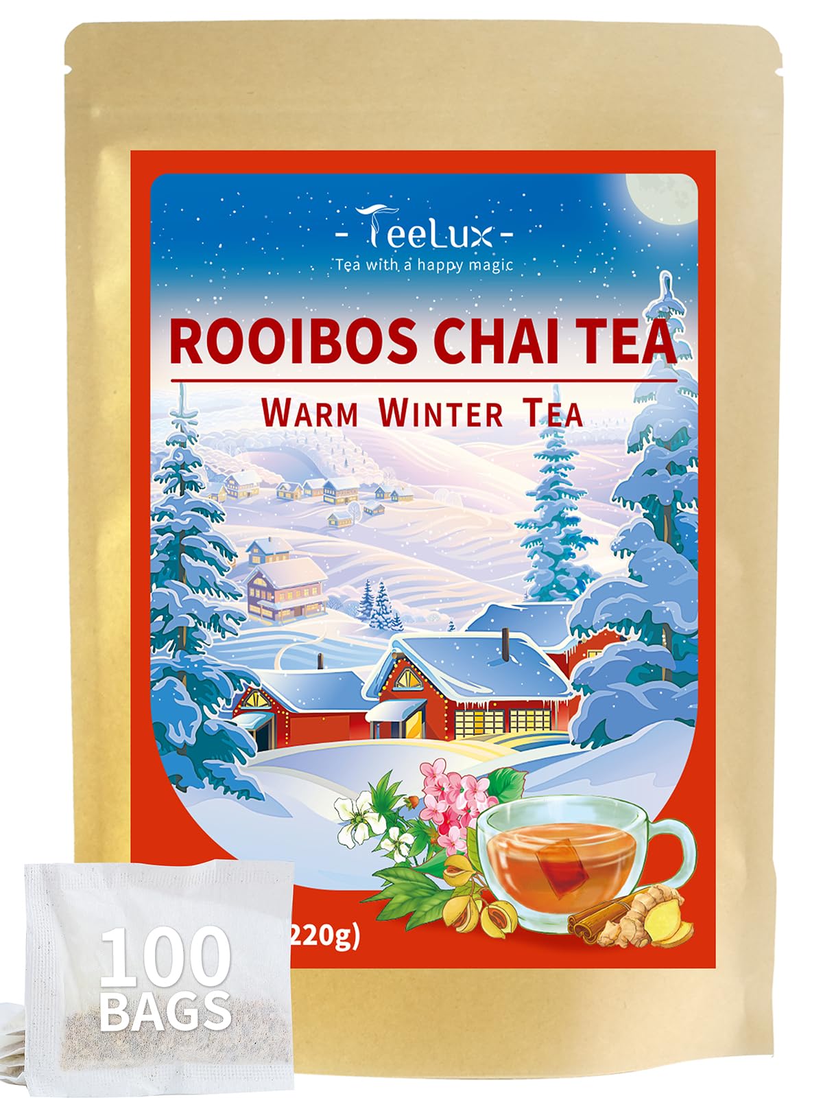 TeeLux Rooibos Chai Tea - Caffeine-Free, Smooth & Spicy Flavor, 100 Count