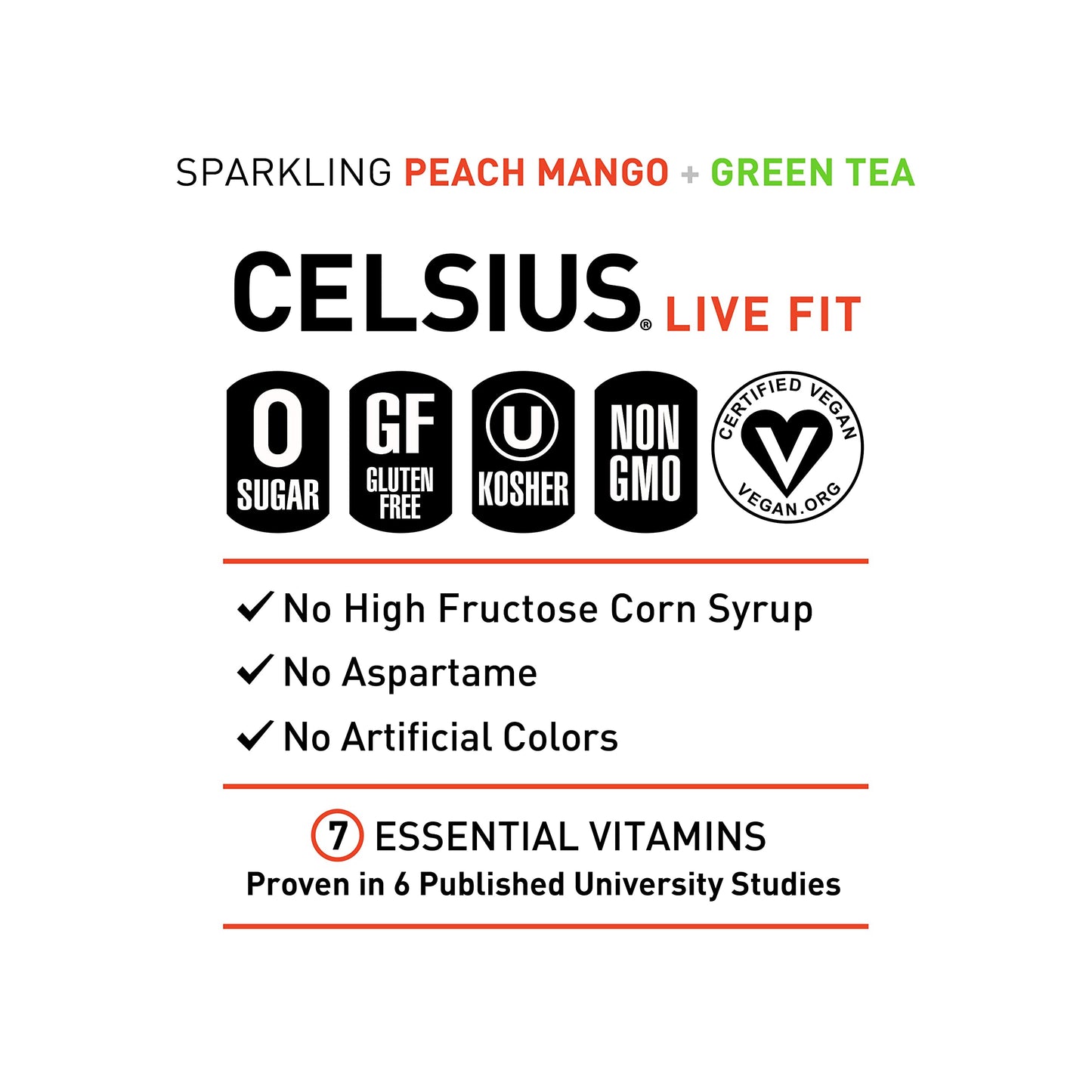 CELSIUS Peach Mango Green Tea, Functional Essential Energy Drink, 12 Fl Oz (Pack of 24)