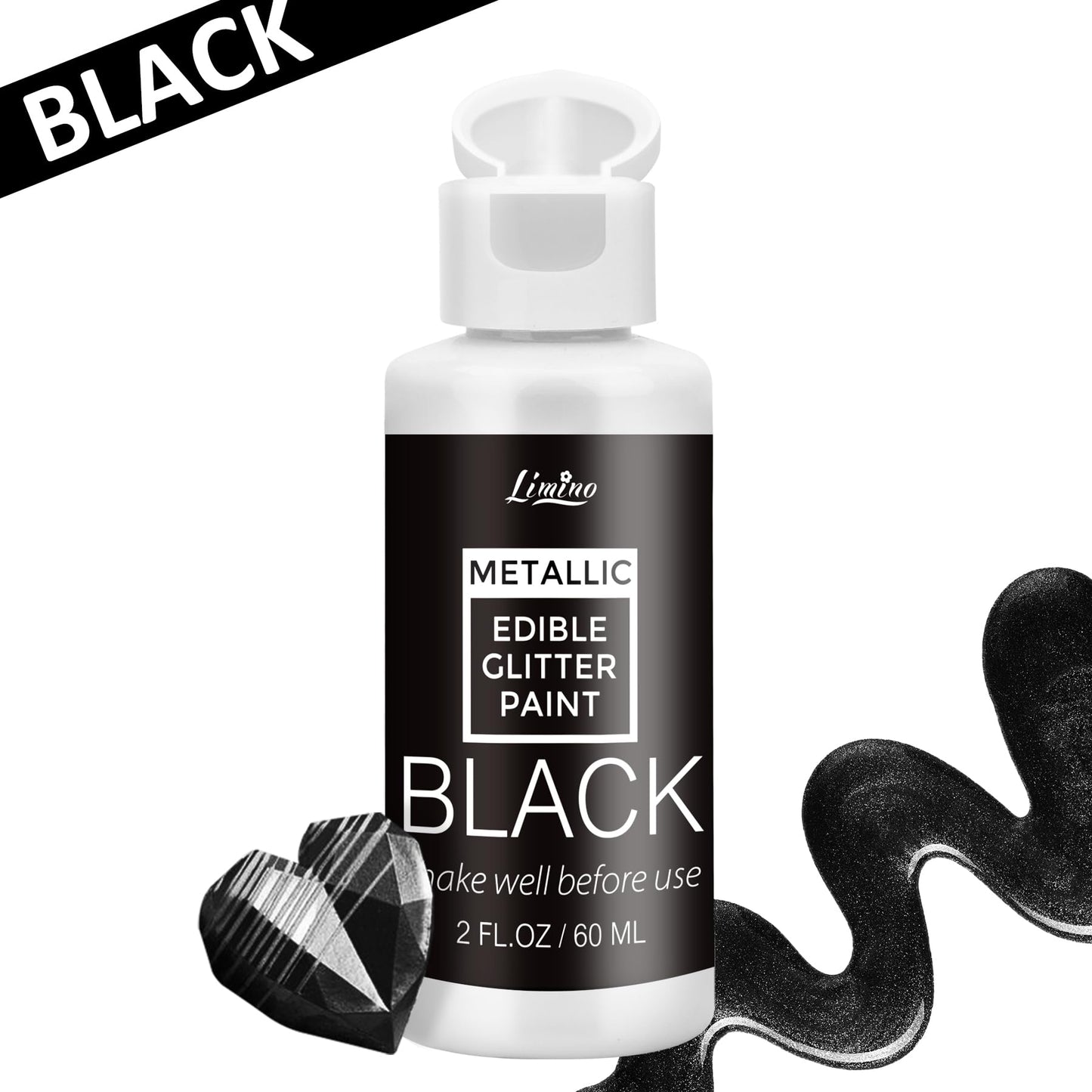 Limino Edible Glitter Paint - Food Grade Metallic Cake Paint, 2 fl.oz, Black, Perfect for Decorating Cakes, Cupcakes, and Fondant
