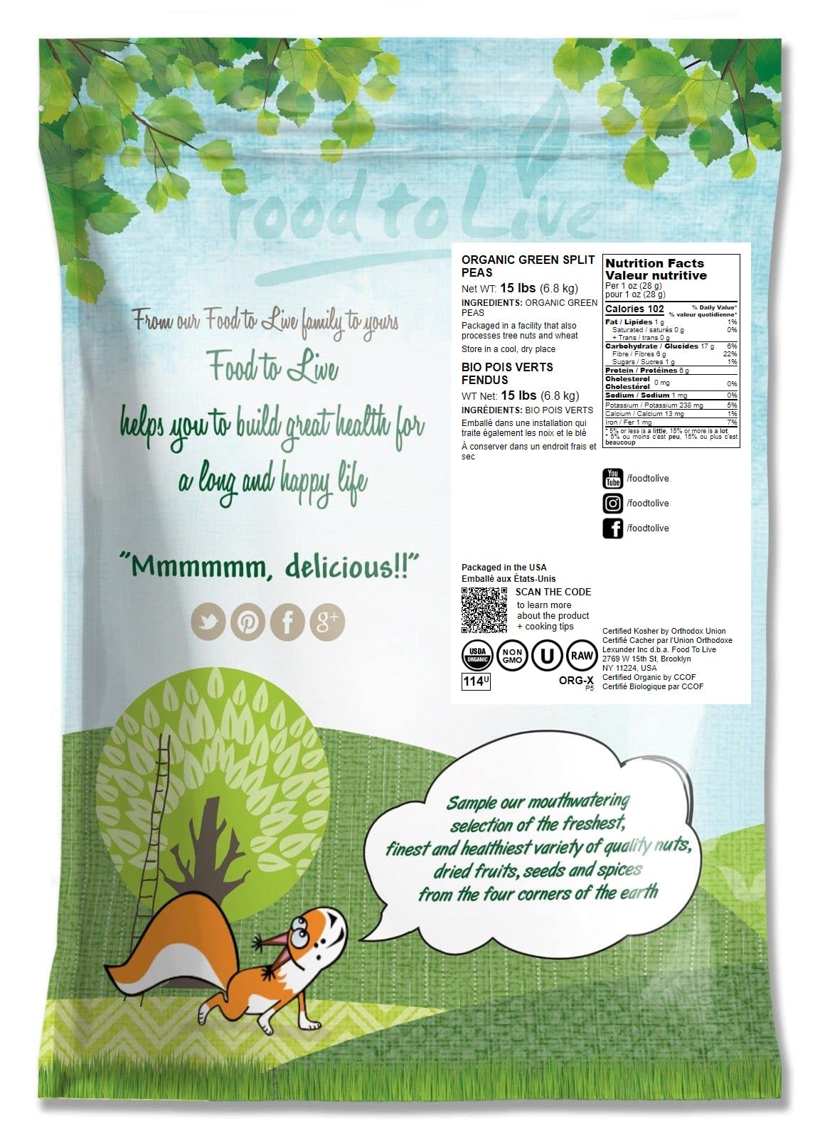 Food to Live Organic Green Split Peas, Non-GMO, Vegan, 15 Pounds, Bulk, Great Source of Protein and Fiber, Product of Canada
