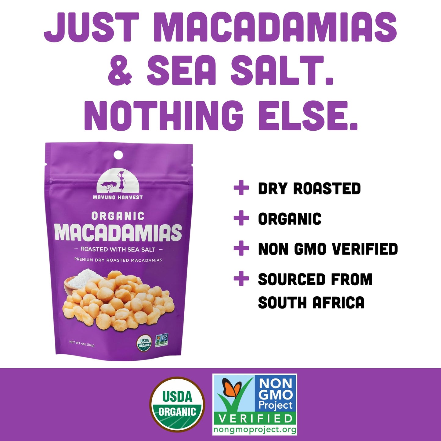 Mavuno Harvest Organic Roasted Macadamia Nuts, Sea Salt, Vegan, 4 Ounce (Pack of 6)