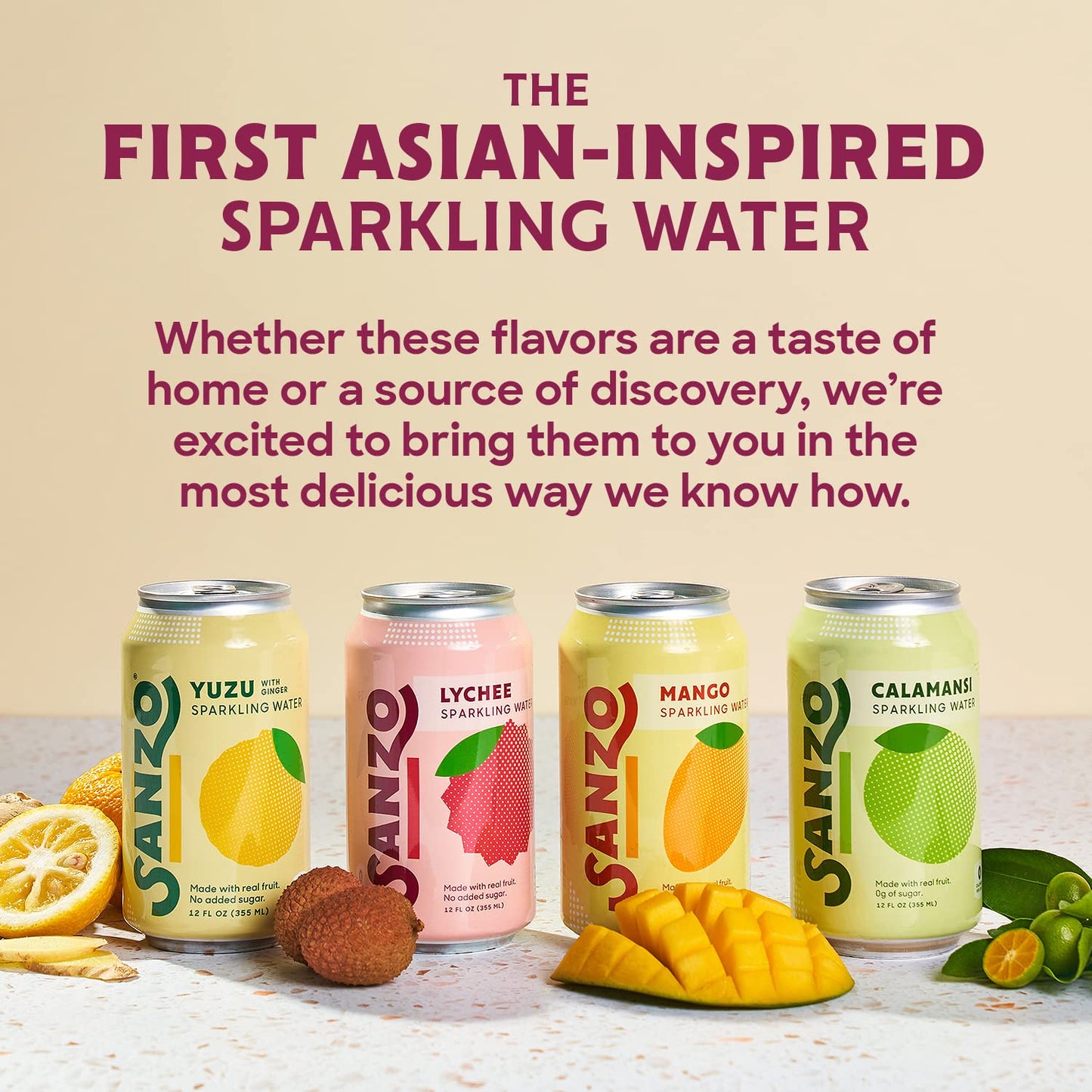 Sanzo Flavored Sparkling Water Variety Pack - 12-Pack - Calamansi (Lime), Lychee (Berry) and Mango (Alphonso) - Made with Real F
