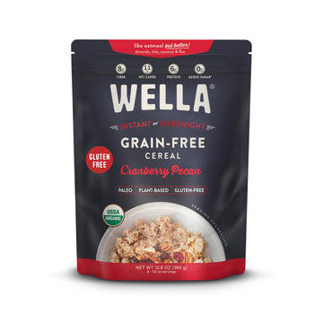 Wella Cereal Oatmeal Alternative, Gluten-Free Breakfast Hot Cereal, Grain-Free Paleo Organic Vegan High Protein Superfood, Plant-Based Non-Gmo, Low In Net Carbs, Multi-Serve Bag, Cranberry Pecan Flavor (1 Count, 12.8 Oz. Bag)