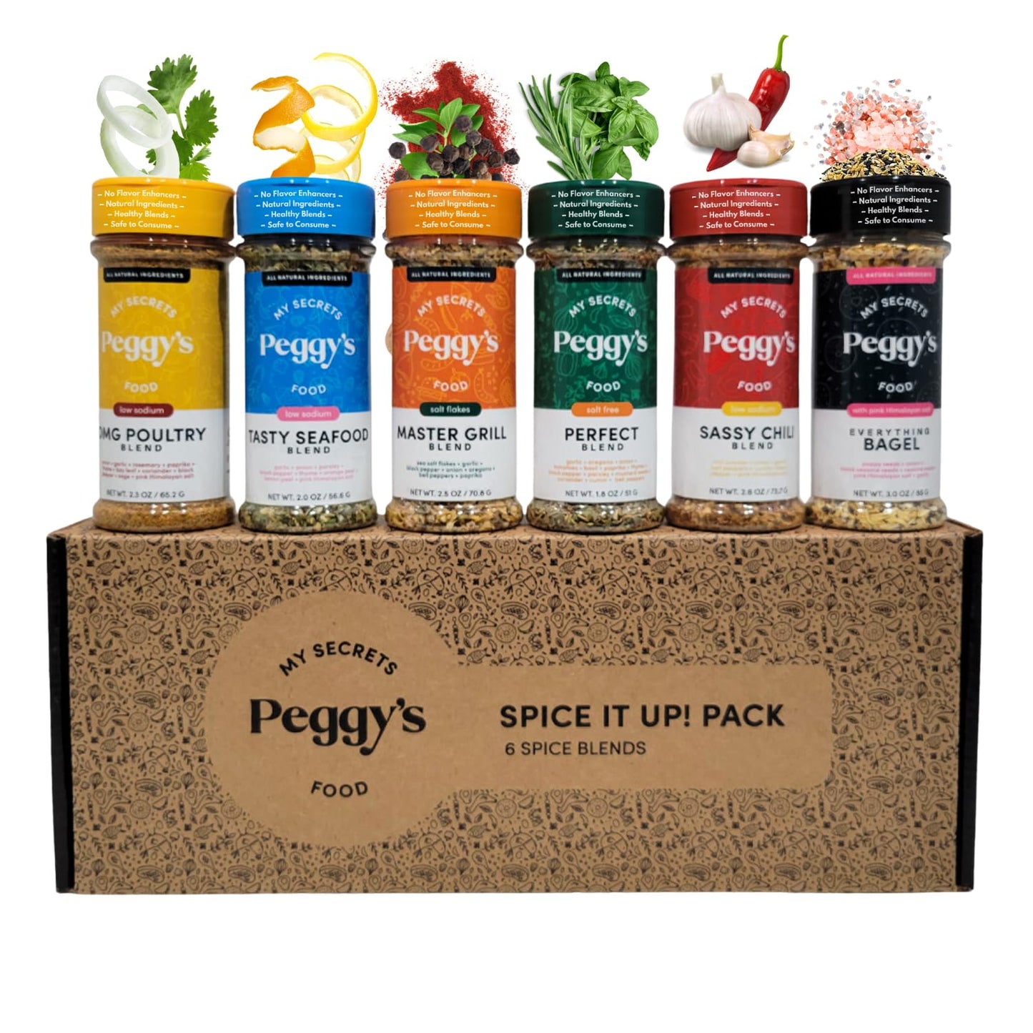My Secrets Peggys Food Spice It Up Pack Seasoning Jars Set Of 6 - Ultimate Kitchen Seasoning Set For Grilling Roasting Or Baking