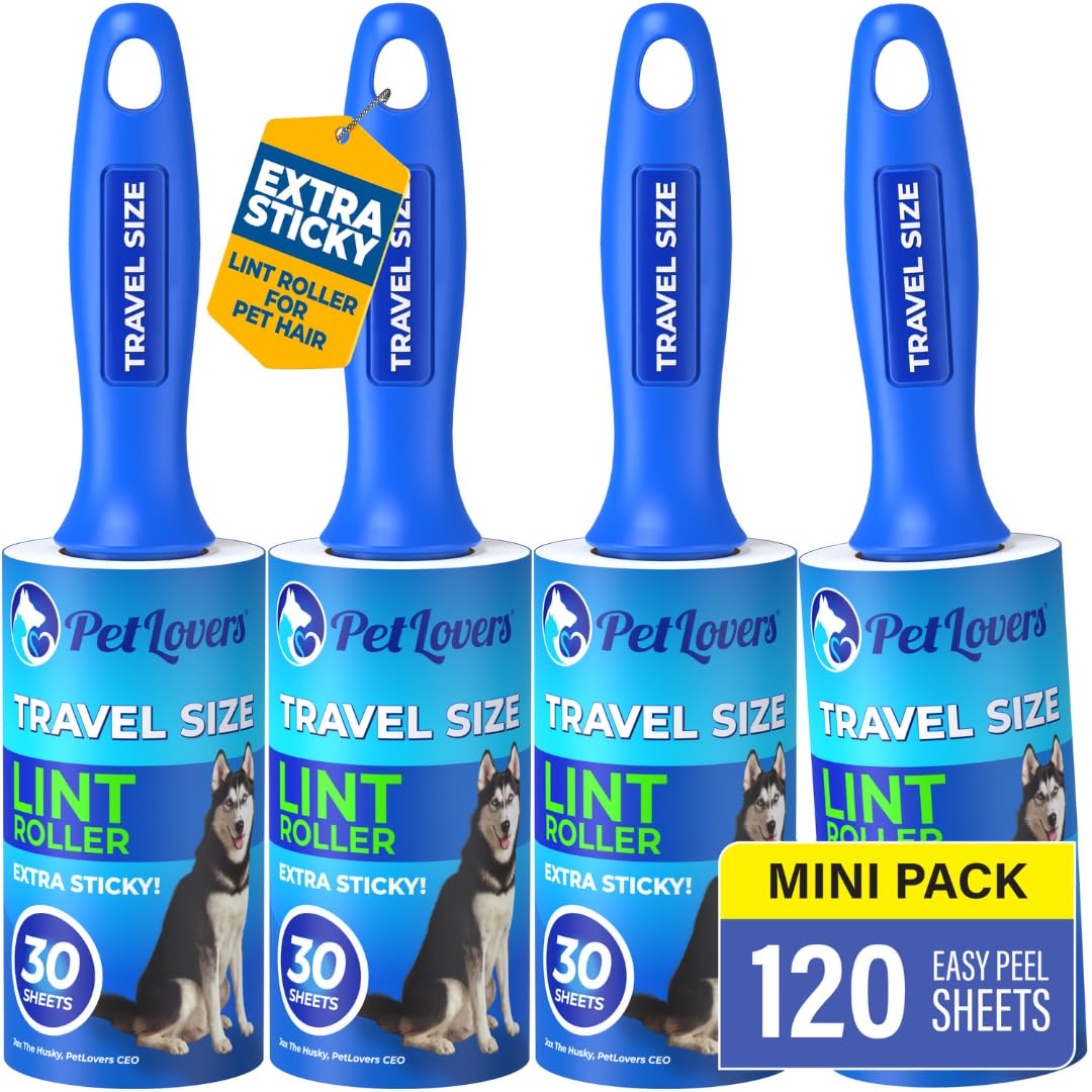 Petlovers Mini Lint Rollers Extra Sticky (4 Pack) - Travel Size Lint Rollers For Pet Hair