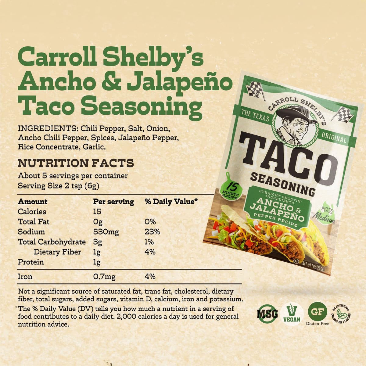 Carroll Shelby s Original Texas Brand Ancho & Jalapeo Taco Seasoning - Bold Blend of Medium Heat and Flavor for Tacos and Meats