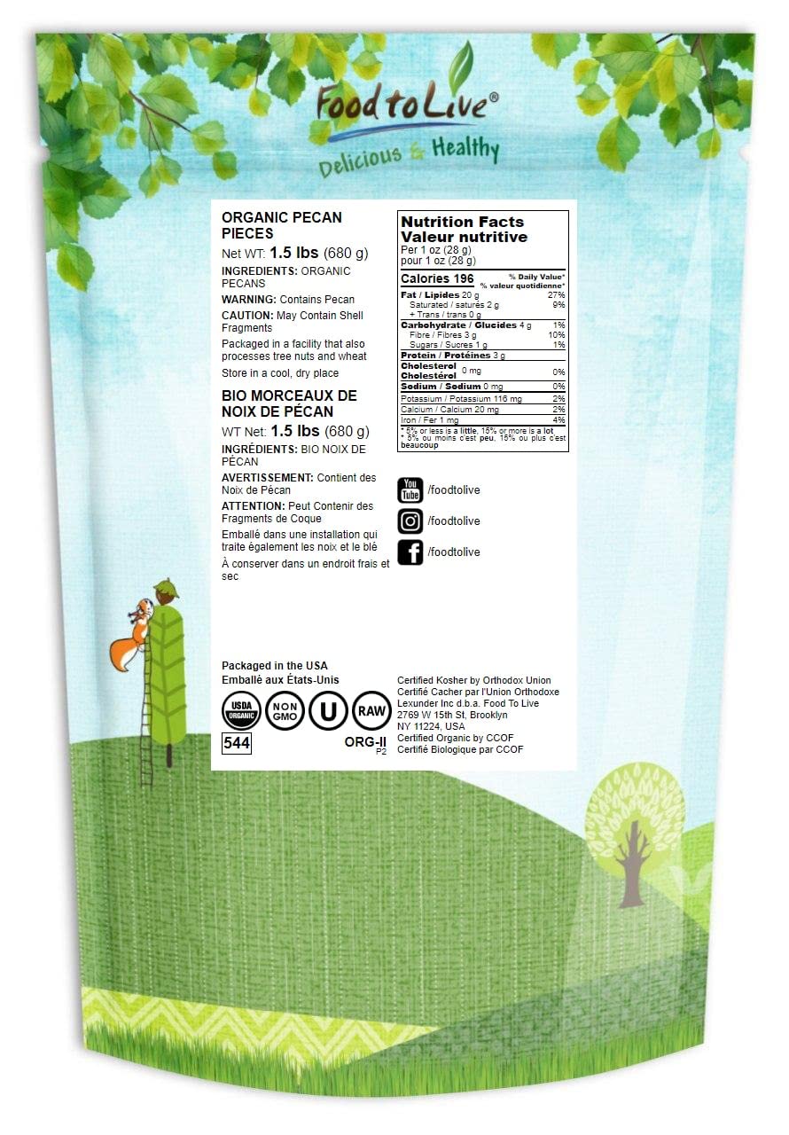 Food To Live Organic Pecan Pieces, 1.5 Pounds Raw, Chopped Pecans, Non-Gmo, Unsalted, Unroasted, Kosher, Shelled, Kosher, Vegan, Sirtfood, Bulk. Keto-Friendly. Good Source Of Iron, And Calcium