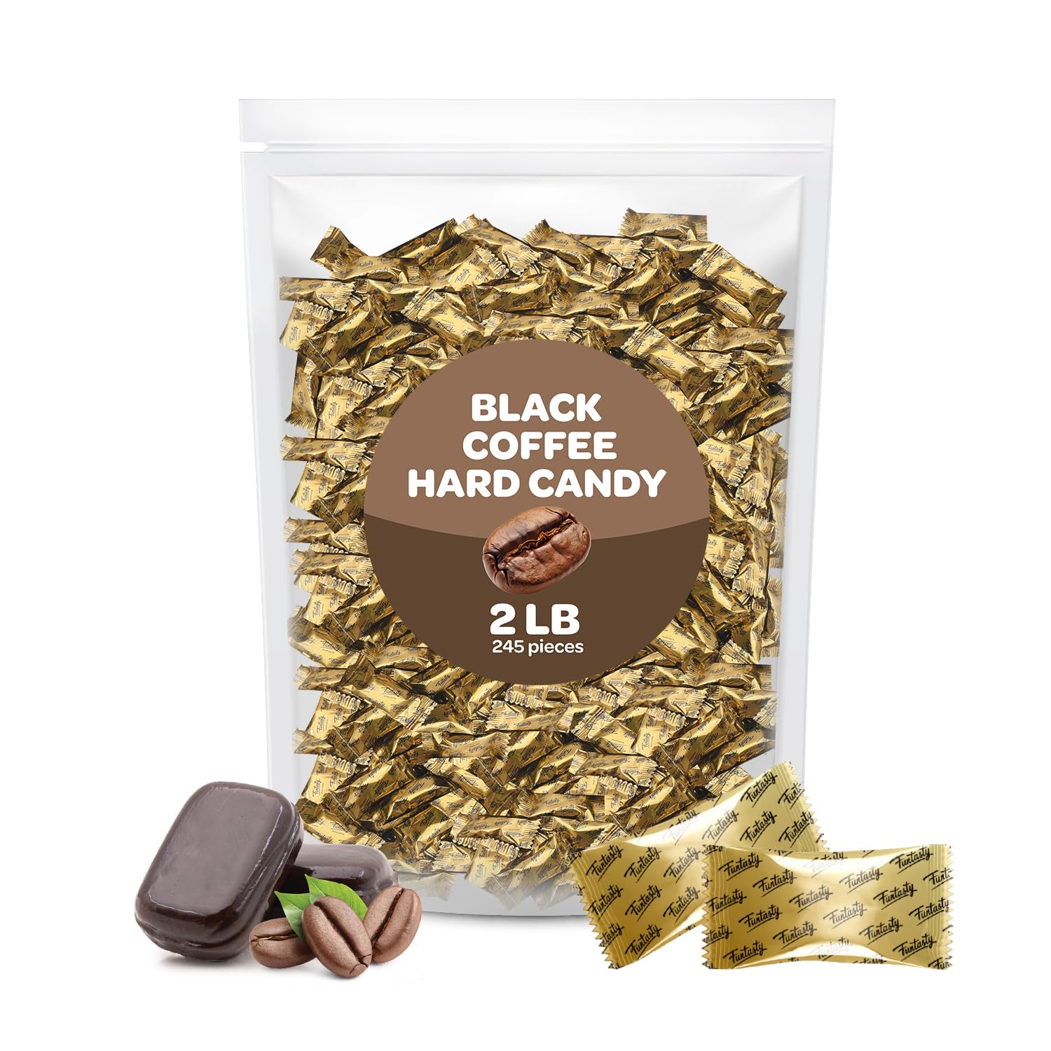 FUNTASTY Black Coffee Flavored Hard Candy - 2 Pound Bulk Pack, Individually Wrapped, Contains Caffeine