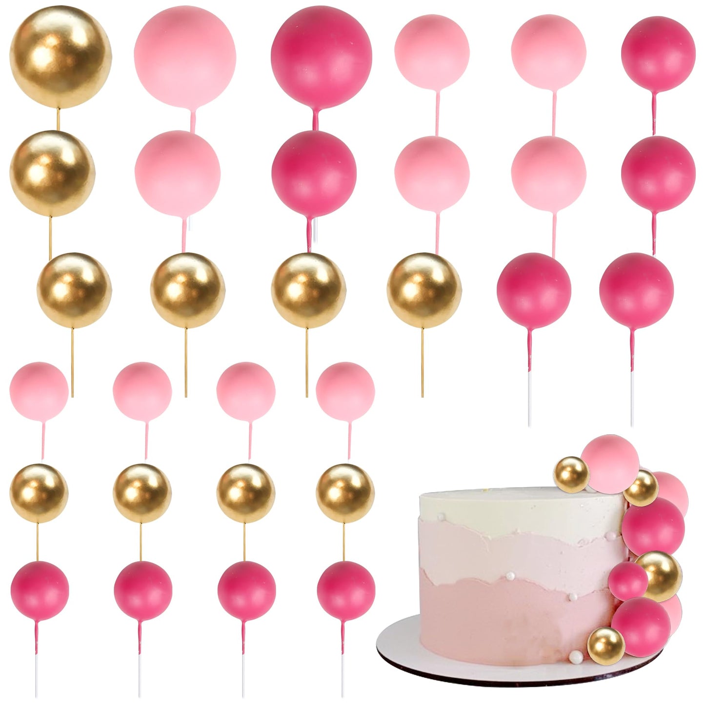 Rsstarxi Mini Balloons Cake Toppers, 30 PCS Foam Inserts for Baby Shower, Wedding, Kids Birthday Party, Red Gold Pink