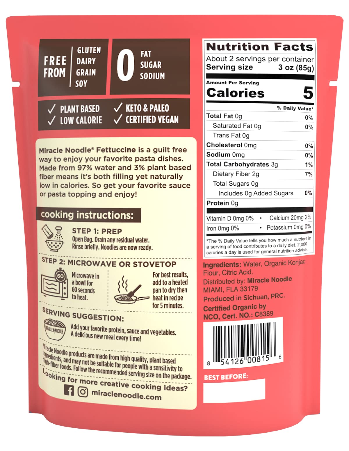 Miracle Noodle Organic Ready To Eat Fettuccine Noodles, Low Calorie, Vegan Friendly, Kosher, Keto & Paleo, Usda Certified Organic, Gluten Free & Non-Gmo, 7 Ounce (Pack Of 6)