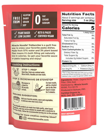 Miracle Noodle Organic Ready To Eat Fettuccine Noodles, Low Calorie, Vegan Friendly, Kosher, Keto & Paleo, Usda Certified Organic, Gluten Free & Non-Gmo, 7 Ounce (Pack Of 6)
