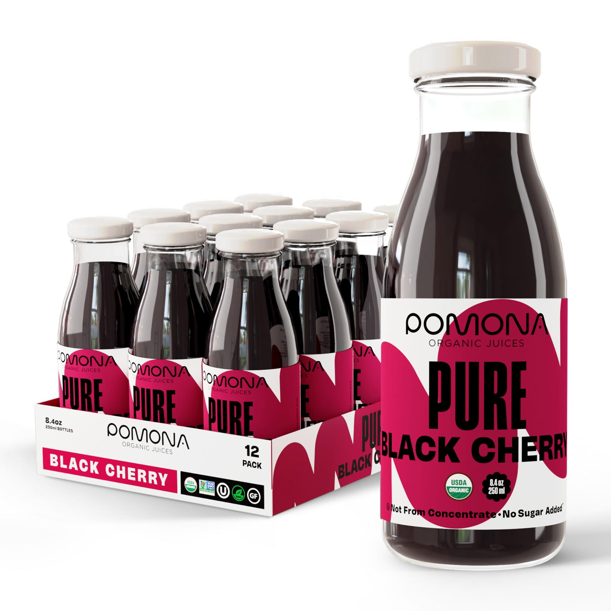 Pomona Organic Pure Black Cherry Juice, Cold Pressed Organic Juice, Non-Gmo, No Sugar Added, Not From Concentrate, Gluten Free, Kosher Certified, Preservative Free 8.4 Ounce (Pack Of 12),