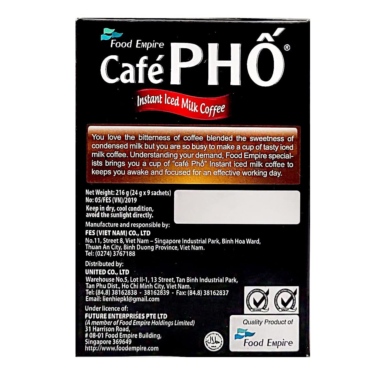 Cafe Pho Vietnamese 3In1 Instant Coffee Mix, Iced Milk Coffee, Cafe Sua Da, Single Serve Coffee Packets, Box Of 9 Sachets, Pack