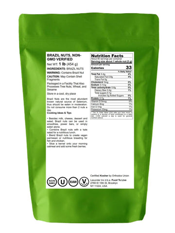 Food to Live Brazil Nuts, Non-GMO, Raw, Unsalted, 1 LB, Vegan, Keto, Paleo Friendly, Good Source of Selenium