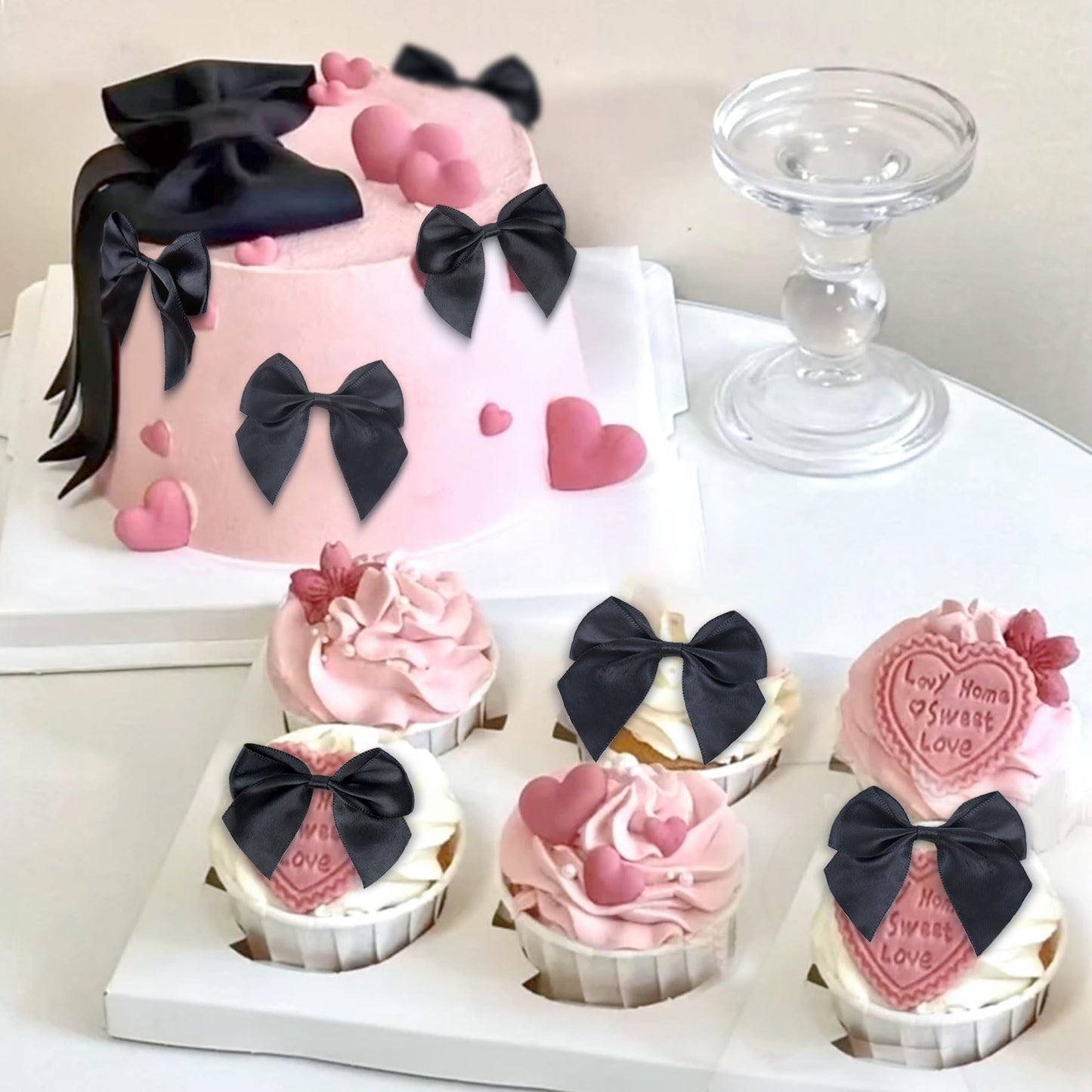 Keaziu 20 Pack Bow Cupcake Toppers, Fabric Glitter, 2x0.05, Black 2, Birthday Party Decorations, Bridal Cake Picks