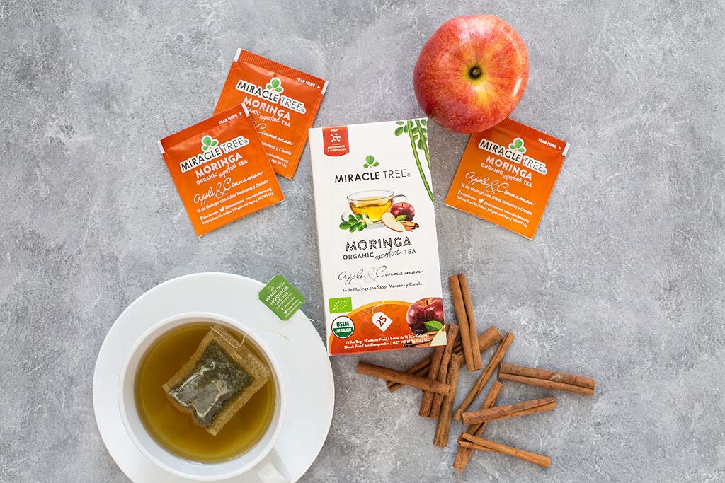 Tree Organic Moringa Superfood Tea, Apple & Cinnamon, 25 Individually Sealed Tea Bags, 6 Count Pack, Vegan, Gluten-Free, Caffeine-Free