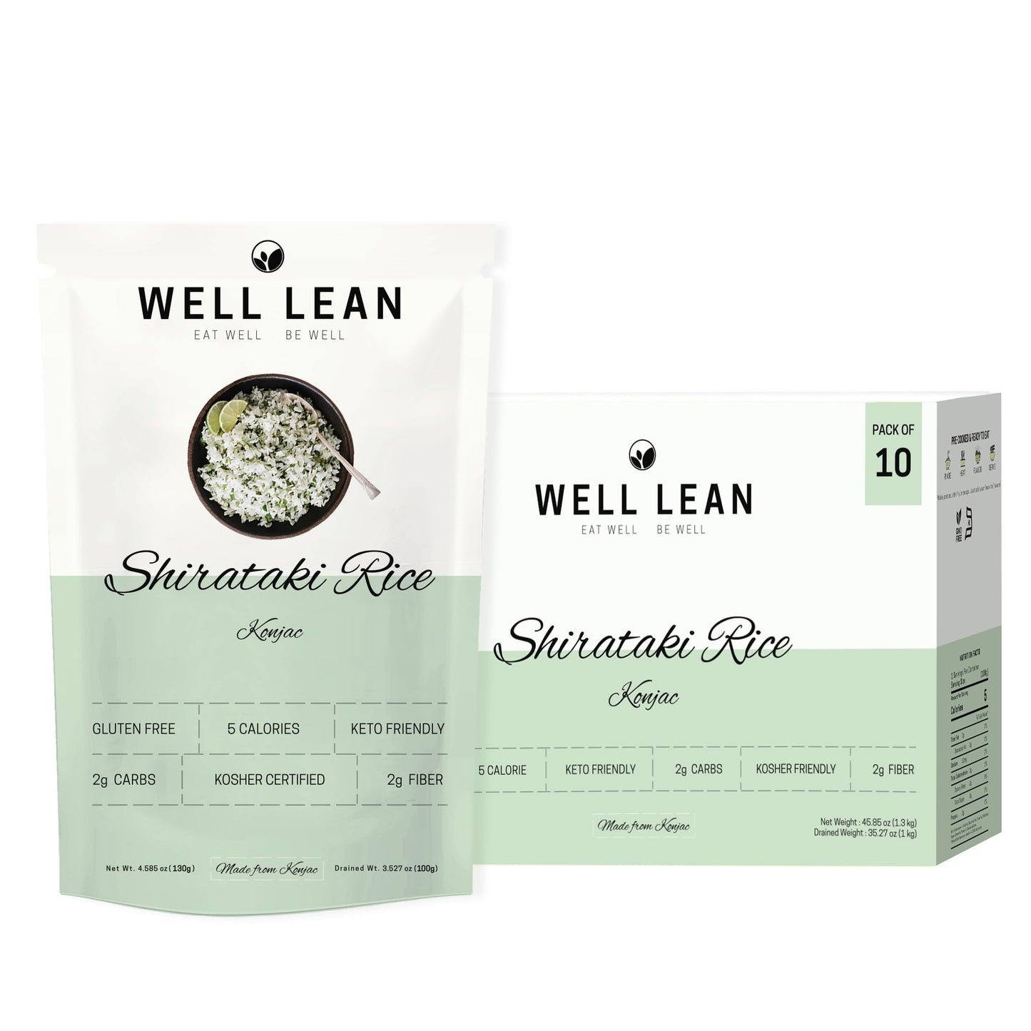 Well Lean Shirataki Konjac Rice - 10 Pack - For Quick Dinner Meals, Ideal for Keto, Paleo, and Low Carb Diets - Ready to Eat, Ri