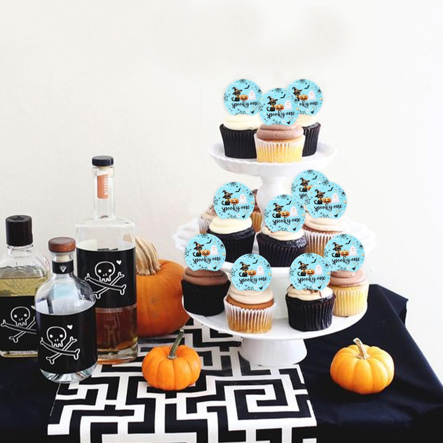 Ercadio 48Pcs Edible Halloween Cupcake Toppers - Cute Ghosts, Bats & Black Cats - Party Cake Decor - Blue