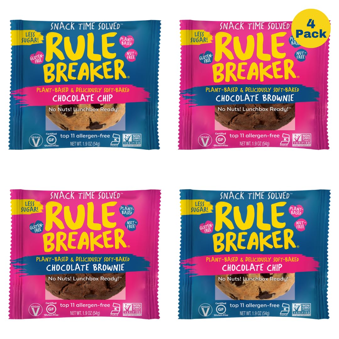 Rule Breaker Snacks Brownie Blondie Variety Pack | Vegan, Gluten-Free | 1.9 oz (Pack of 4) | Chocolate Chip Blondie & Chocolate Brownie