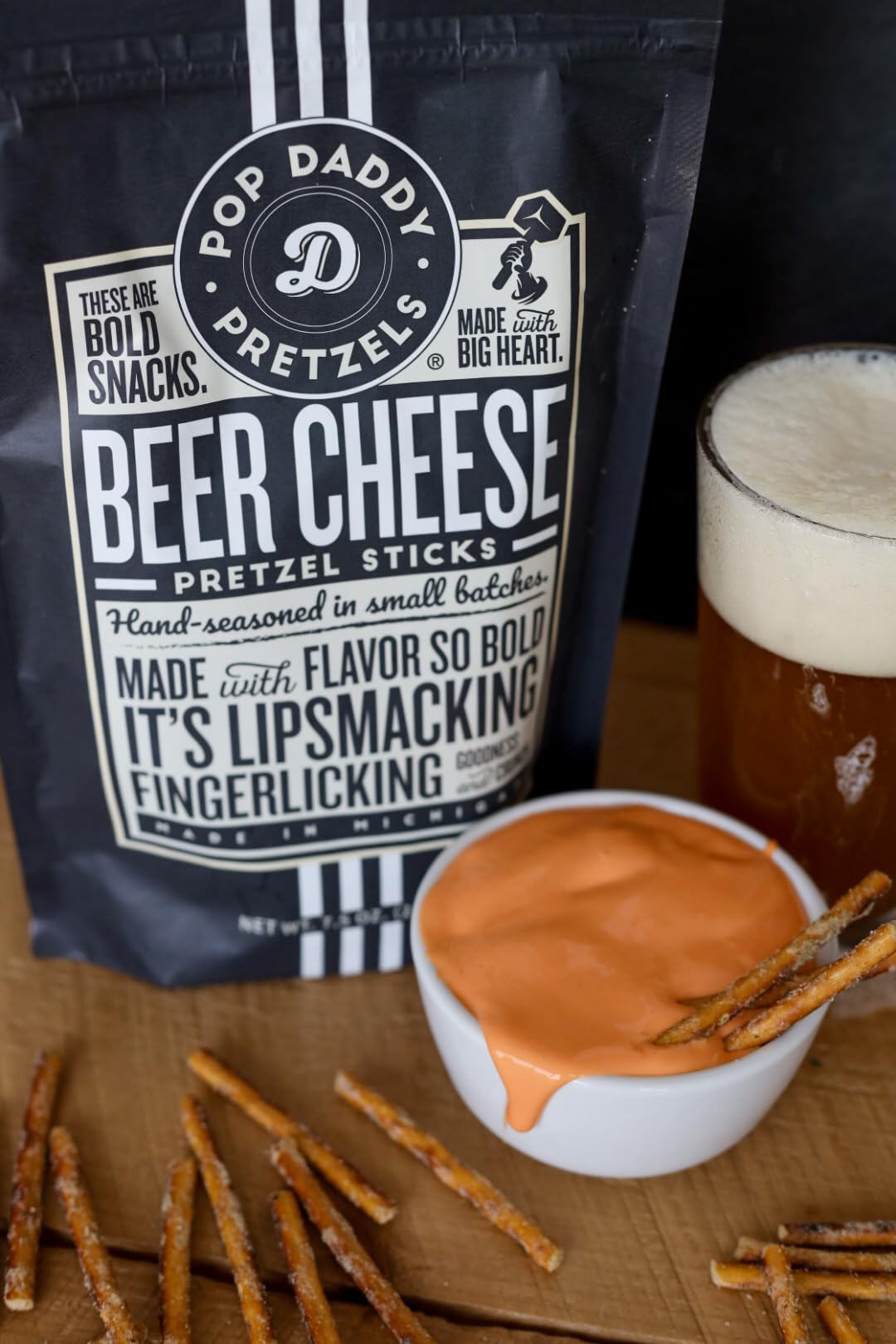 POP DADDY Flavored Pretzel Sticks, malt-inspired Cheese, 7.5oz Bags, 3 Pack - Healthy Gourmet Snacks