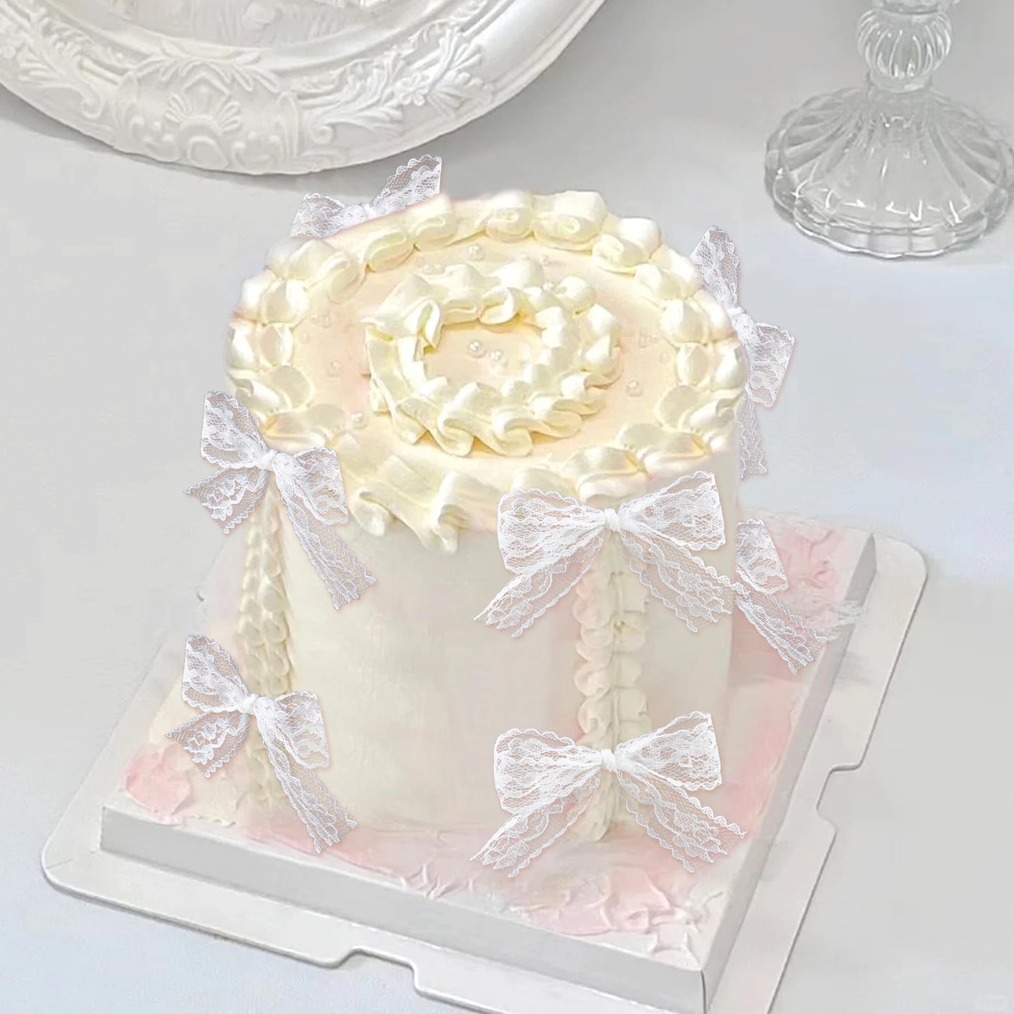 Cyodoos 24Pcs White Bow Cupcake Toppers Lace Bowknot Cupcake Toppers Cake Dessert Picks Decoration For Bridal Shower Bachelorett