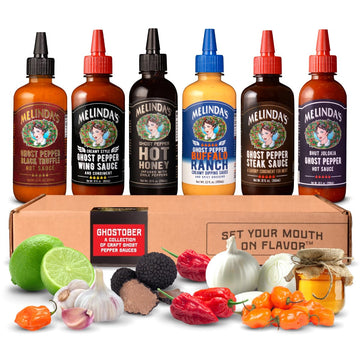 Melindas Ghost Pepper Collection - Ghost Pepper Infused Hot Sauce Gift Set Includes Hot Honey  Black Truffle  Buffalo Ranch & Wing Sauce - 68 Fl Oz  6 Pack
