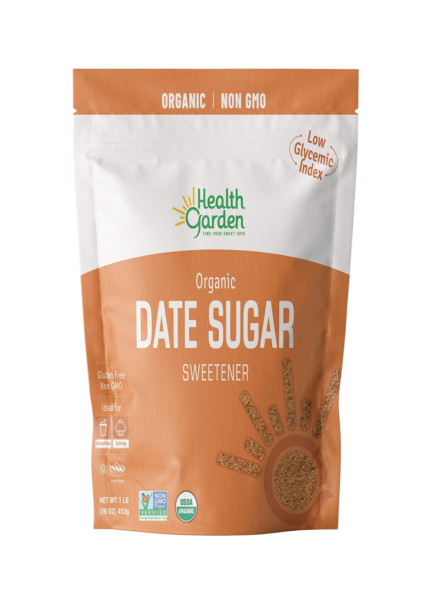 Health Garden Date Sugar (16 Oz)  Organic Date Sugar Sweetener  All-Natural Dried Ground Dates  Rich In Vitamins And Minerals  No Gluten  Non-Gmo  Low Glycemic Sugar Substitute (1 Lb Pack Of 1)