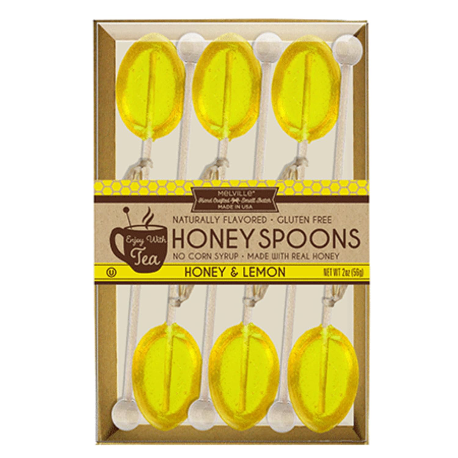 Melville Candy Honey Spoon Gift Set - Spoons & Lollipops On Wooden Ball Sticks - Gluten-Free  Made In Usa Stirrers For Tea  Coffee  & Hot Beverages - Individually Wrapped (6-Count  Lemon)