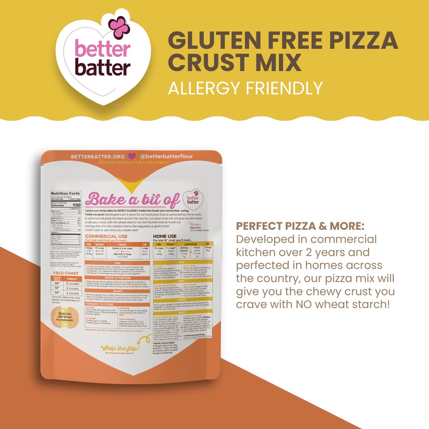Better Batter Pizza Crust Mix | Certified Kosher, Vegan & Gluten Free Mix For Baking Top 9 Allergen-Free Perfect For 14'' Pizzas