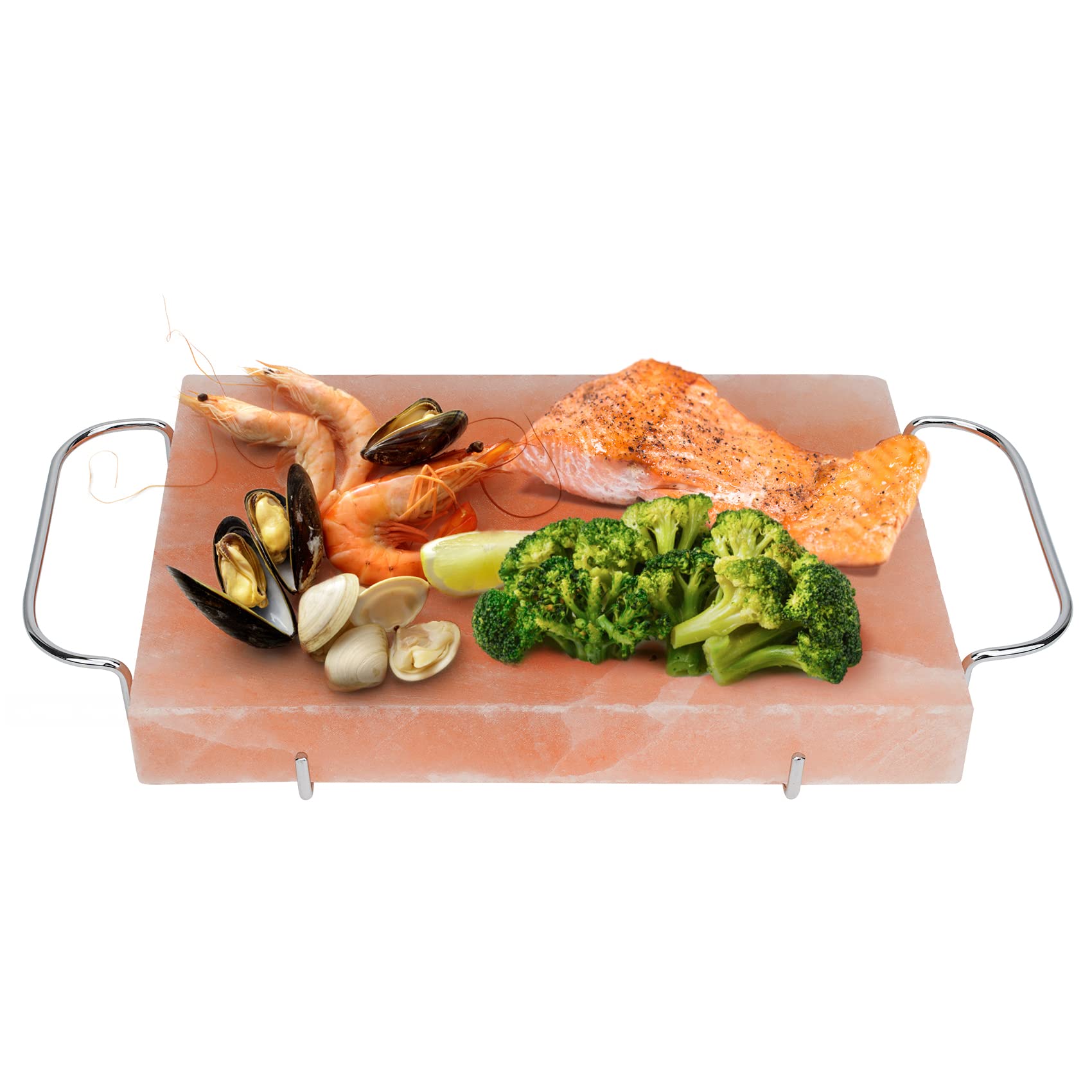 DOBADN Himalayan Salt Block Cooking Plate with Metal Support, Food Grade Rock Salt Slab Stone 12  X 8  X 1.5  for Grilling, Cook