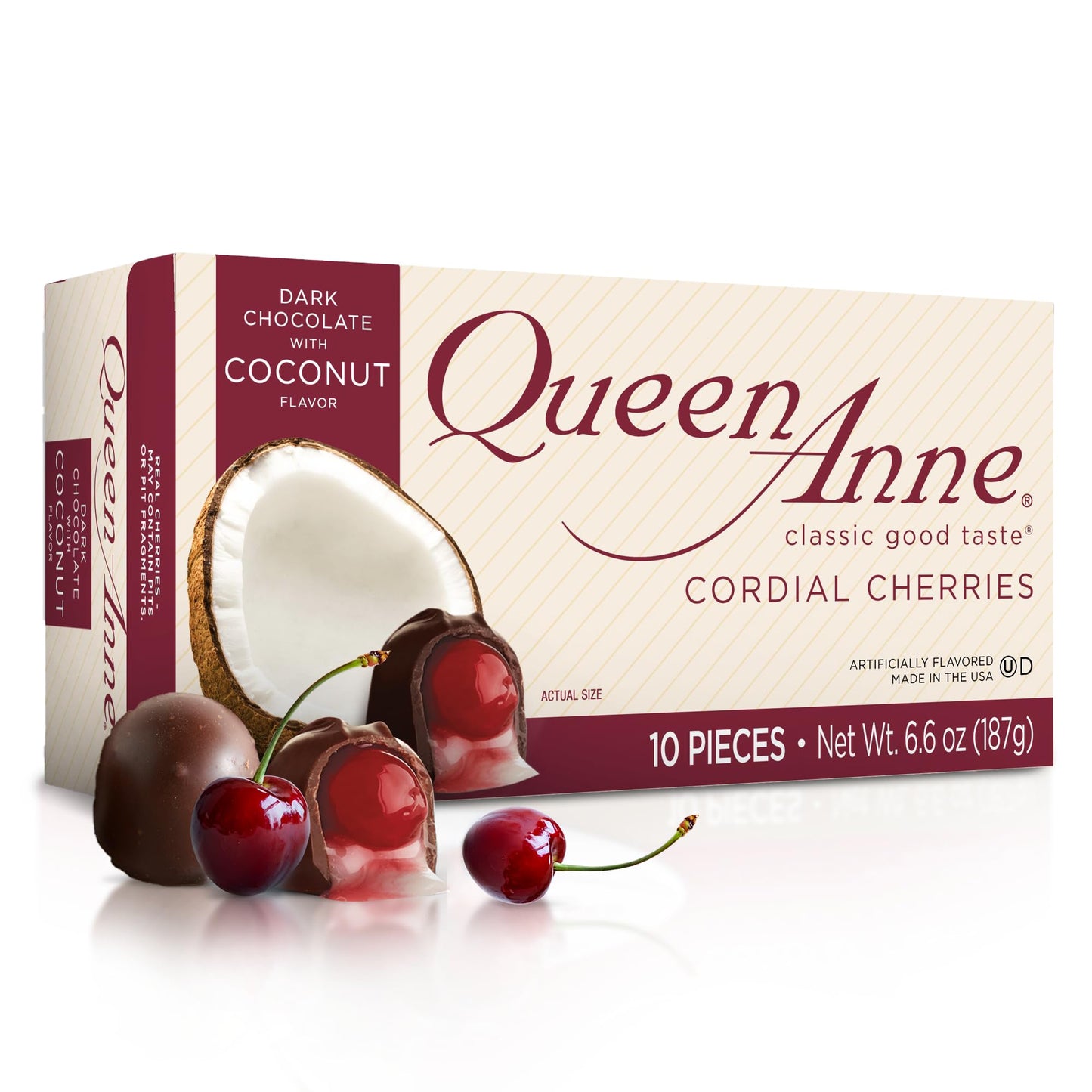 Queen Anne Dark Chocolate Coconut Covered Cordial Cherries | 6.6 oz | 10 Piece Gift Box | Whole Maraschino Cherry Creamy Filled 