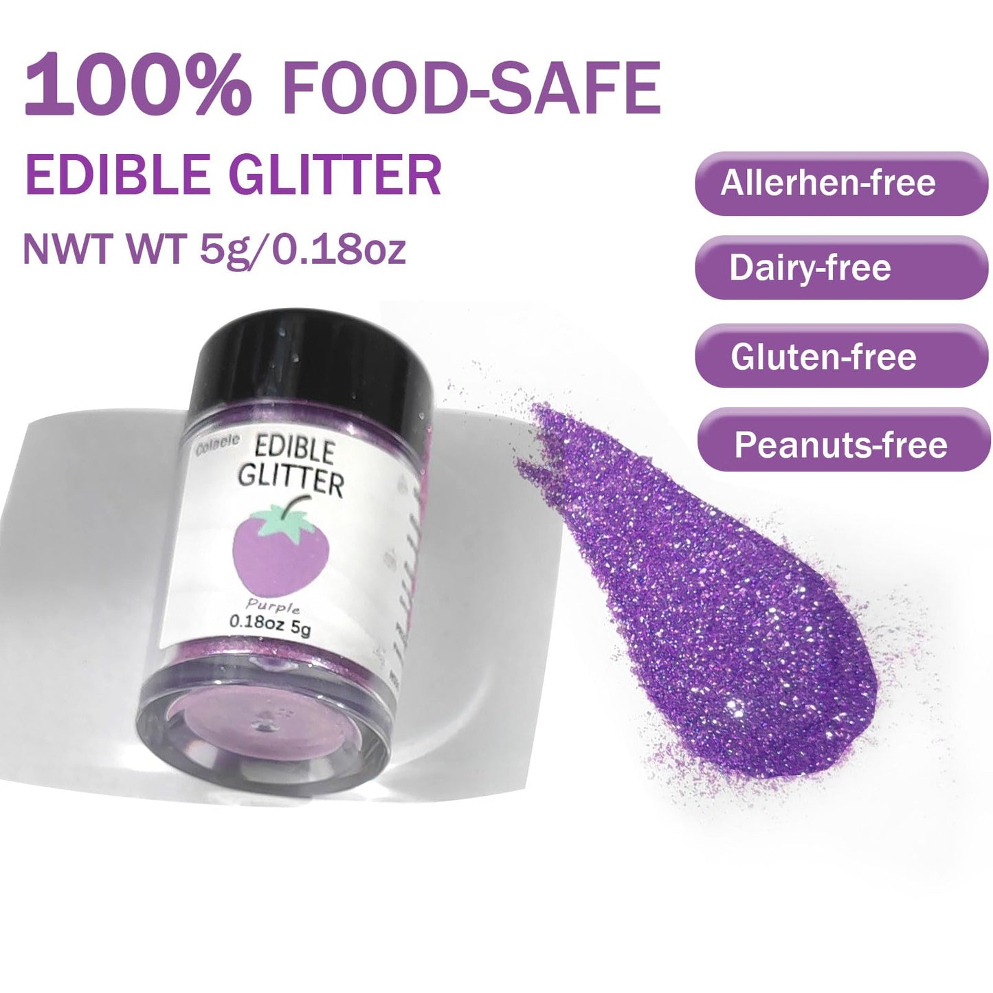 Colaele Purple Edible Glimmer Powder Glitter, Food-Grade Luster Dust, 5 grams