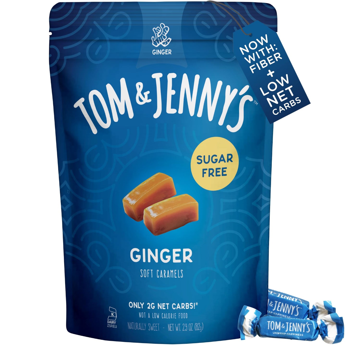 Tom & Jennys Sugar Free Soft Caramel Candy with Sea Salt and Ginger Powder, 2.9 Ounce, Keto Friendly, Low Net Carb