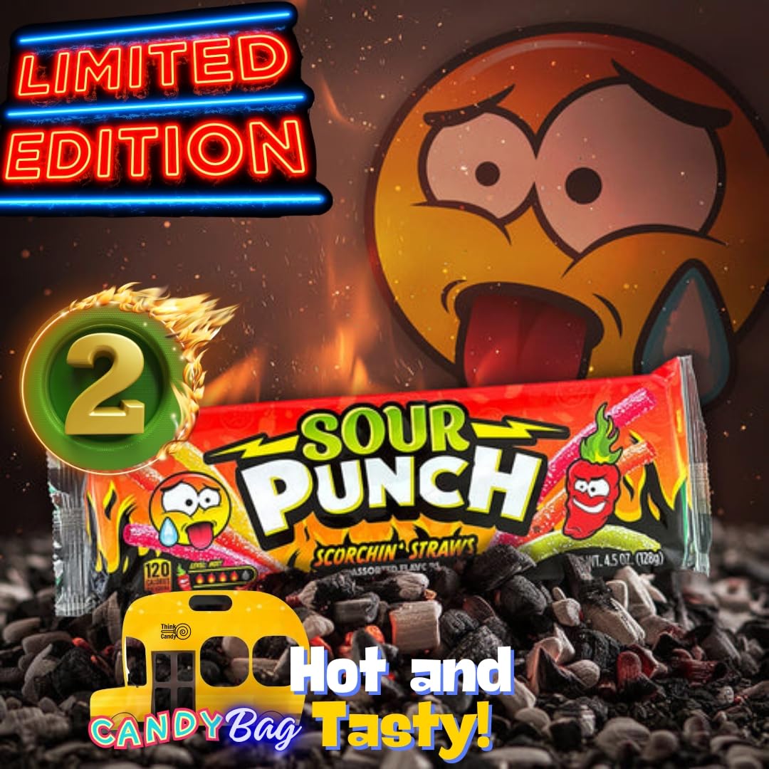 (Pack Of 2) Extra Large Sour Punch Scorchin Bites Straws Tray - Spice Lovers - Limited-Edition Online Exclusive - 4.5Oz Each - S