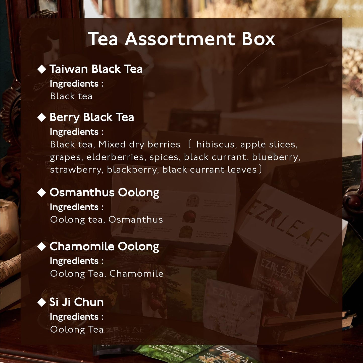Ezr Leaf Tea Sampler Gift Box – 22 Pyramid Tea Bags With Taiwan Black, Osmanthus Oolong, Chamomile Oolong, Berry Black, Four Seasons Green – Flavored Assorted Tea Set For Gifting & Tasting