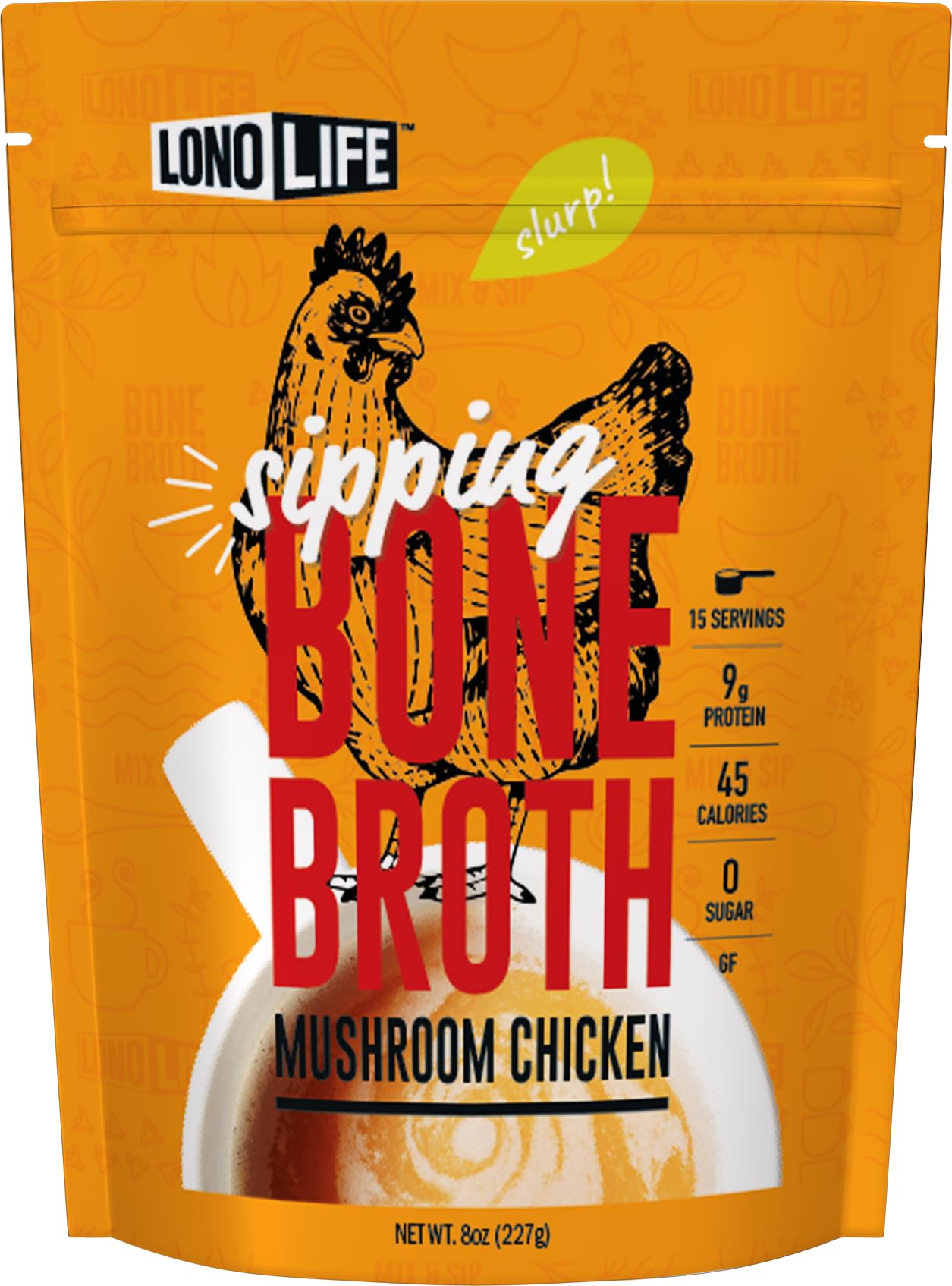 LonoLife Mushroom Chicken Bone Broth Powder Mix, 10g Protein, Collagen-Rich, Keto & Paleo Friendly, 8oz Bulk Container