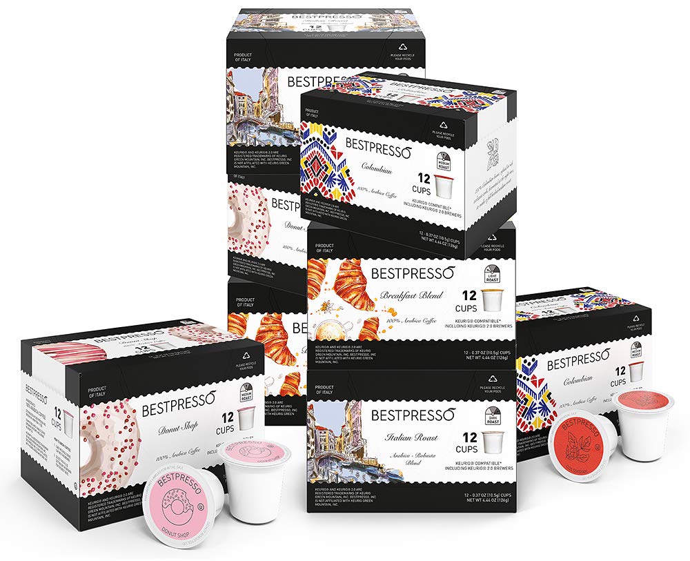 Bestpresso Coffee, Variety Pack Single Serve K-Cup Pods, 96 Count. Includes Breakfast, Colombian, Donut And Italian (Compatible With 2.0 Keurig Malt-Inspired) 8 Packs Of 12 Cups