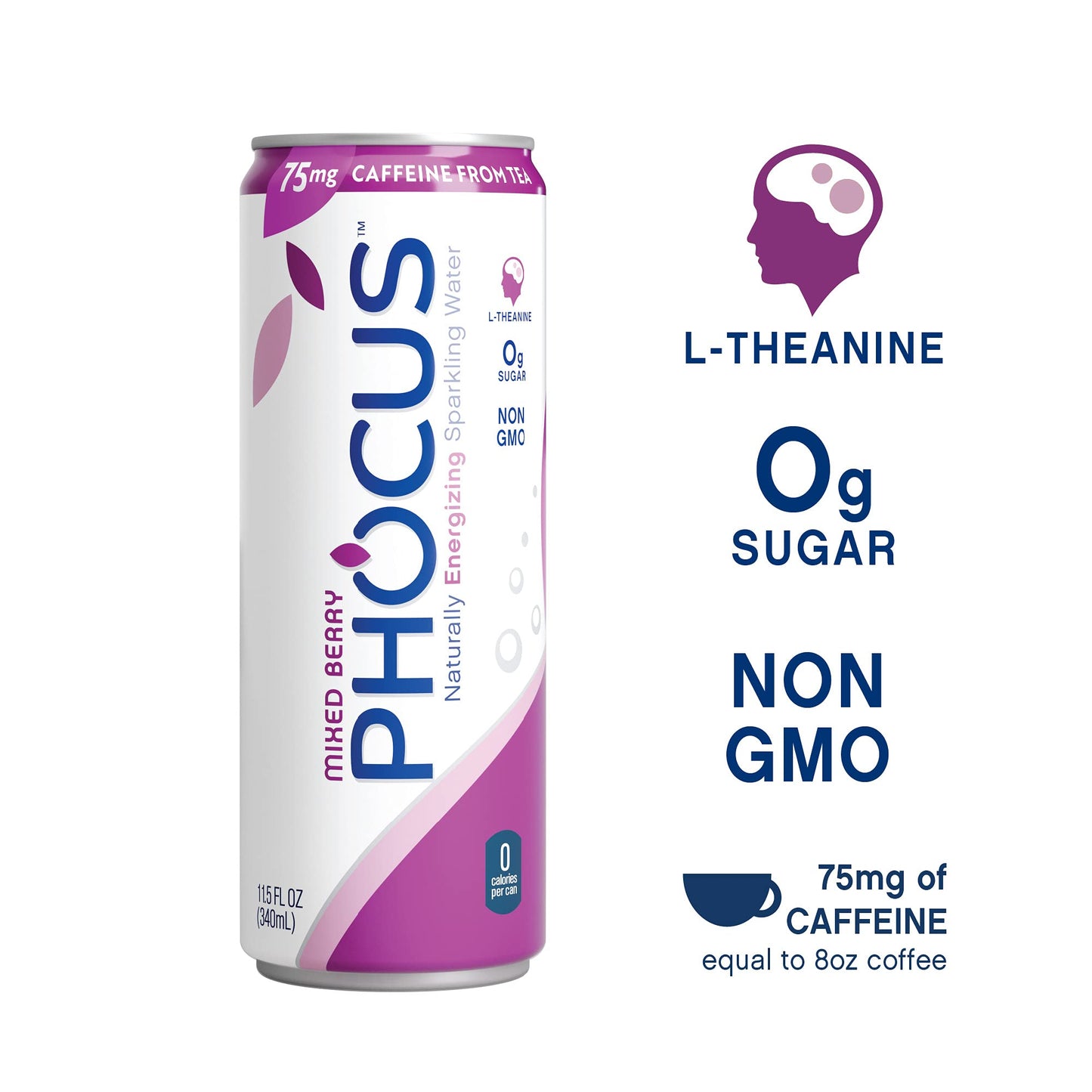 Phocus Caffeinated Sparkling Water - Mixed Berry - Clean Energy with Caffeine + L-Theanine - 0 Sugars  Calories or Carbs - Non GMO  Whole 30  Keto  Vegan  Kosher - 11.5 Fl Oz. (12 Pack)