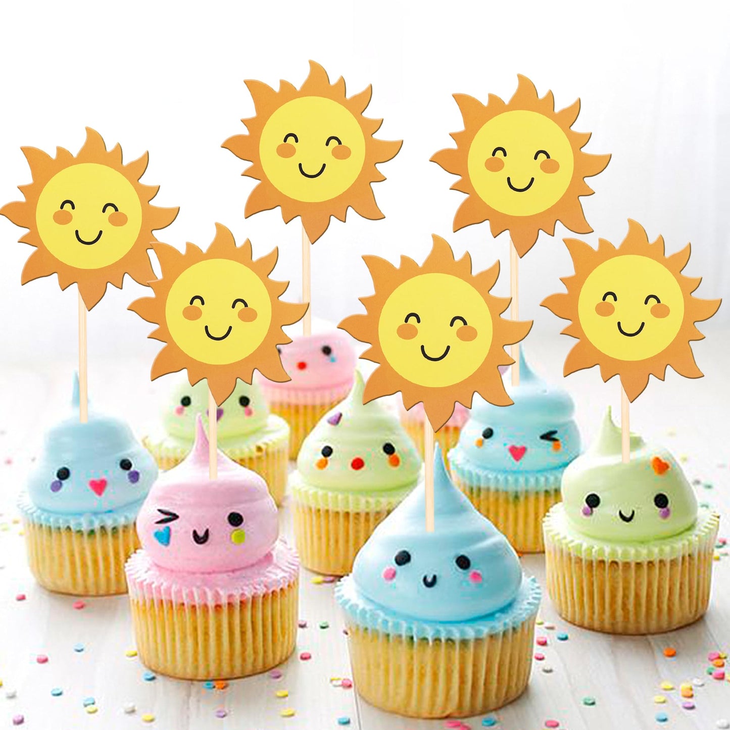 36 Pcs Sun Cupcake Toppers Double Sided Sun Flower Smile Face Cupcake Picks Sunshine Cupcake Decorations For Sun Theme Baby Show